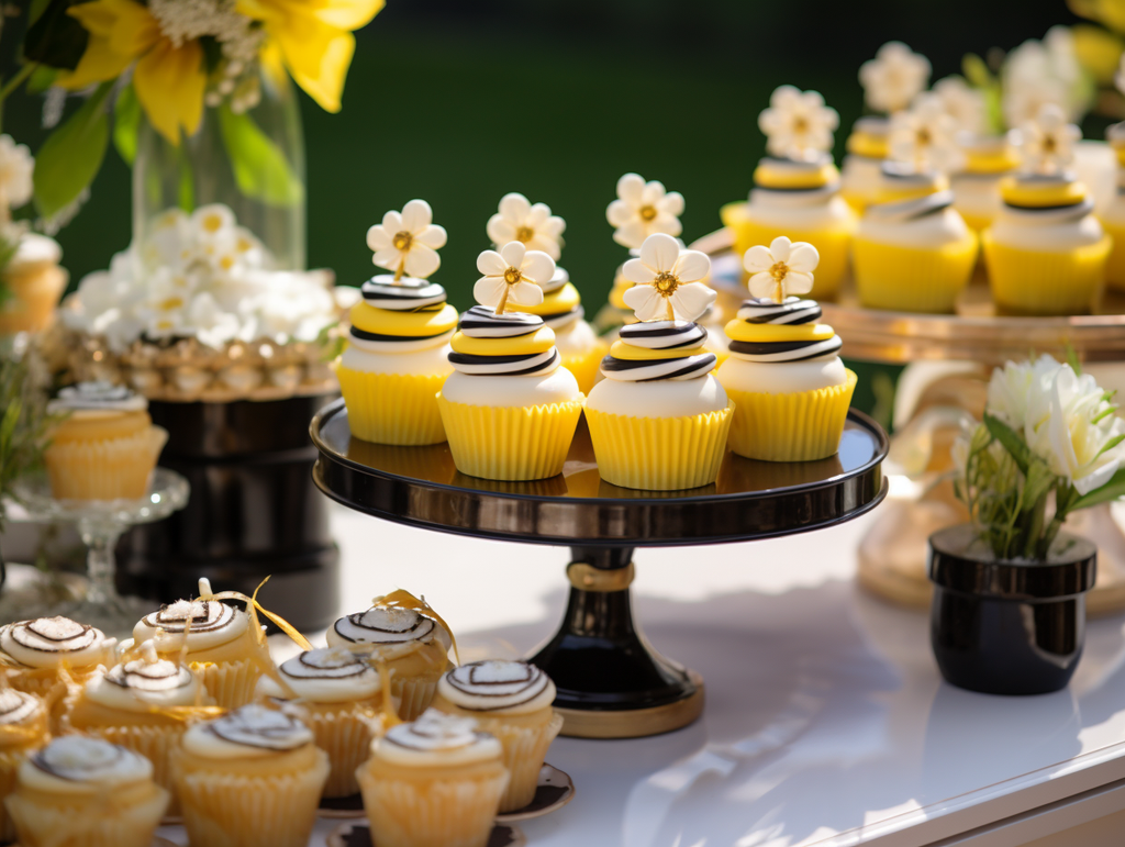 Which foods fit a bee-themed bridal shower? Delight guests with honey-inspired appetizers and desserts such as honey-glazed chicken skewers, miniature honeycomb-shaped cakes, and lemon-bee-witching cupcakes. Don't forget a refreshing honey lemonade to keep the buzz going!