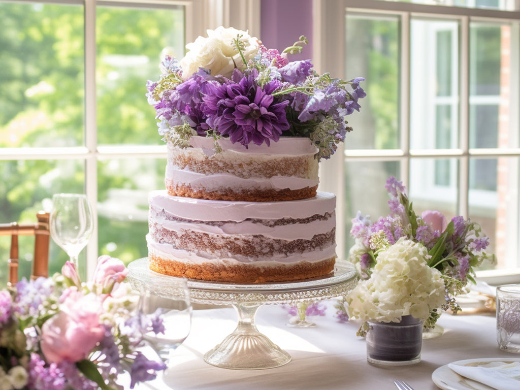 Metta's Bridal Shower cake of Stacked presents, purple shoe, purple bows,  white gumpaste bra