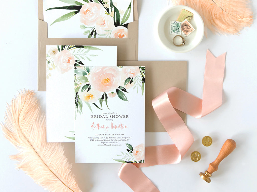 Beautiful pink floral watercolor greenery bridal shower invitations by Digibuddha