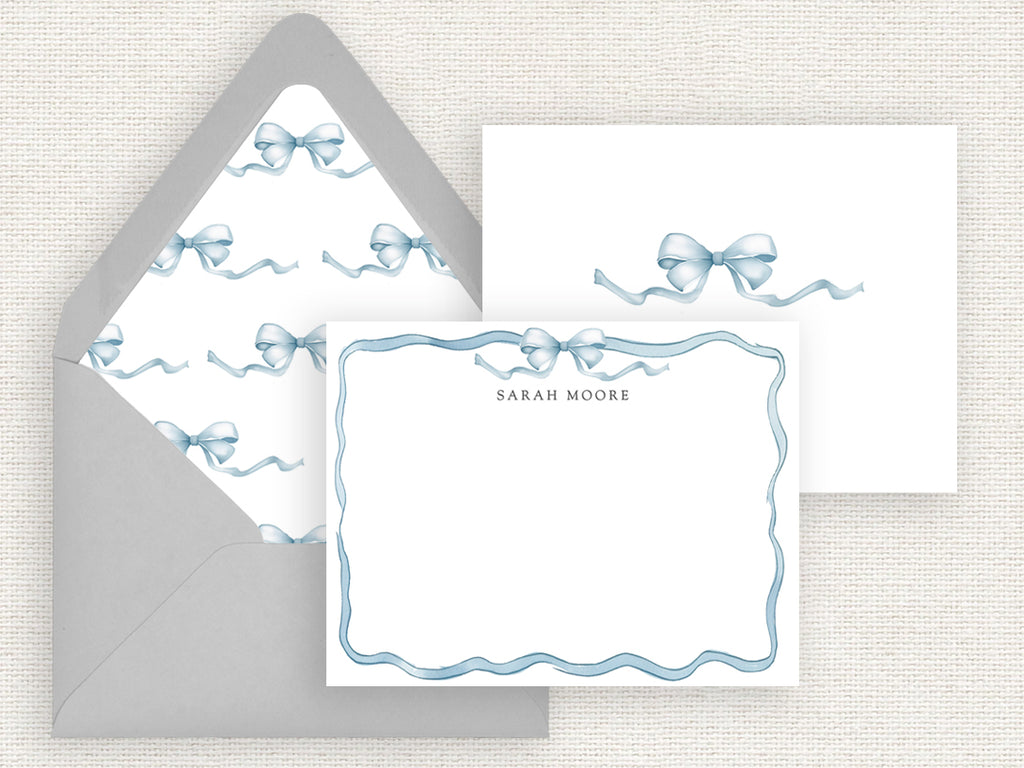 Blue bow watercolor ribbon personalized stationery notecards by Digibuddha