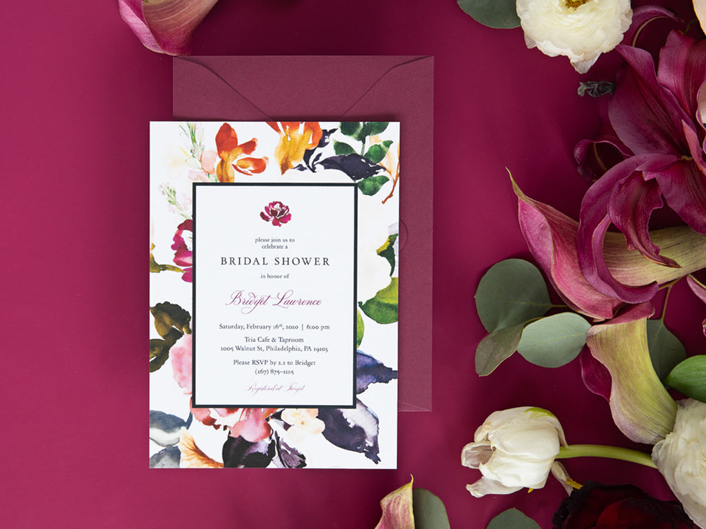 Elegant romantic jewel tone floral bridal shower invitations