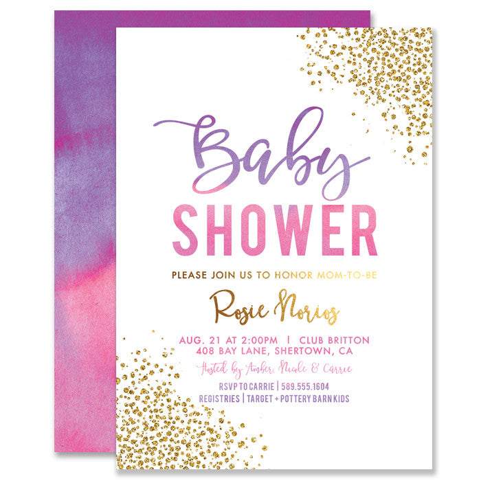 "rosie" pink purple ombre baby shower invitation