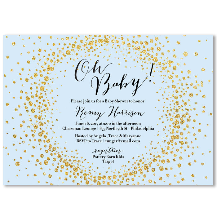 "remy" blue + gold glitter baby shower invitation
