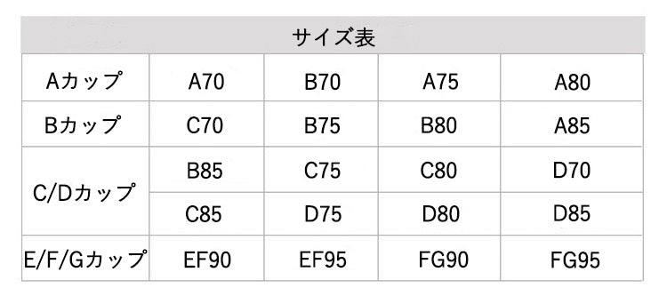 シームレスヌーブラ サイズ表