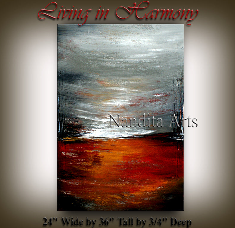Orange Gray, Black, and White Abstract Landscape Painting Artwork - Abstract Landscape Painting On Canvas - Living in Harmony