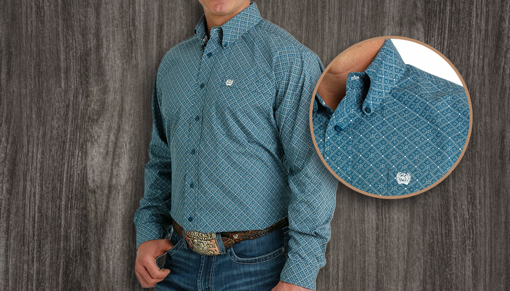 Cinch Men's Geometric Print Button Down Western Blue Cream Shirt