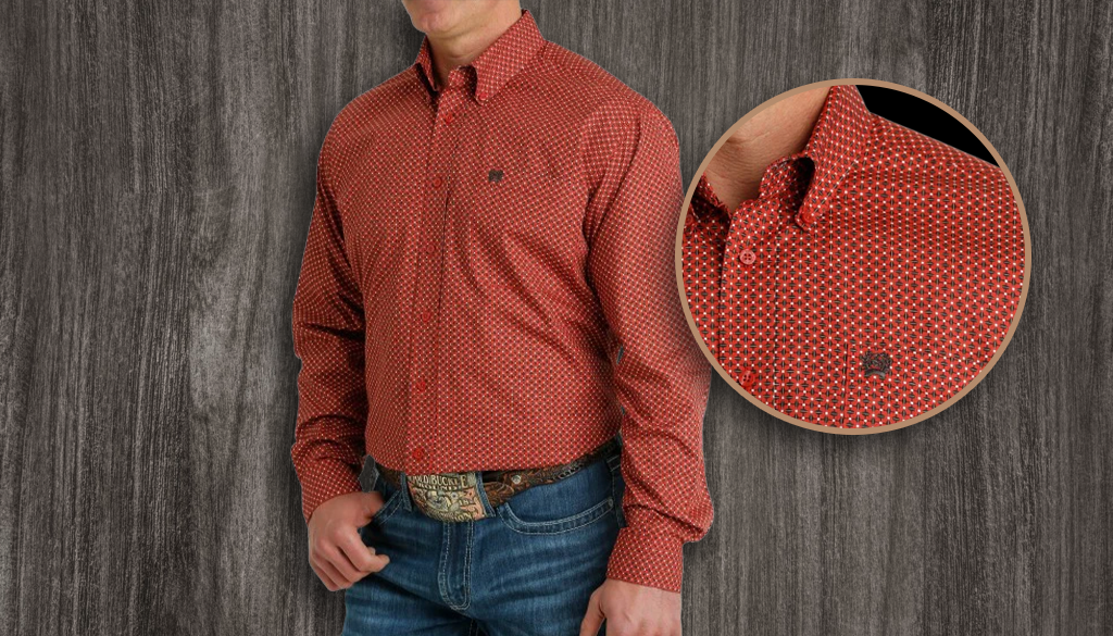 Cinch Men's Geometric Print Button Down Western Red Brown Shirt
