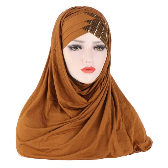 Forehead Cross Hair Wrap Scarf Solid Color Glitter Sequins Jersey Hijabs Muslim Headband Women Turba