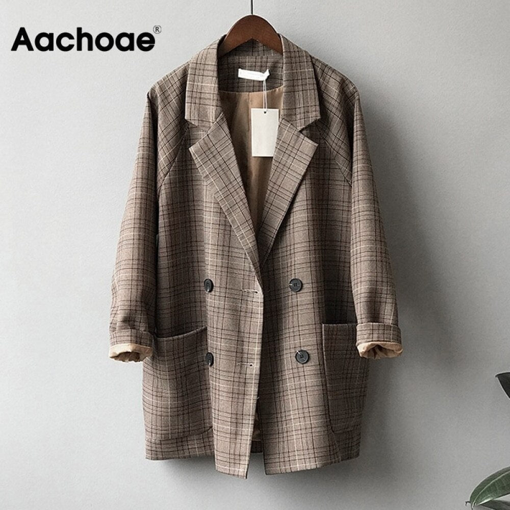 Aachoae Vintage Plaid Blazer Jacket For Women Loose Long Sleeve Office Coat With Pockets Casual Doub