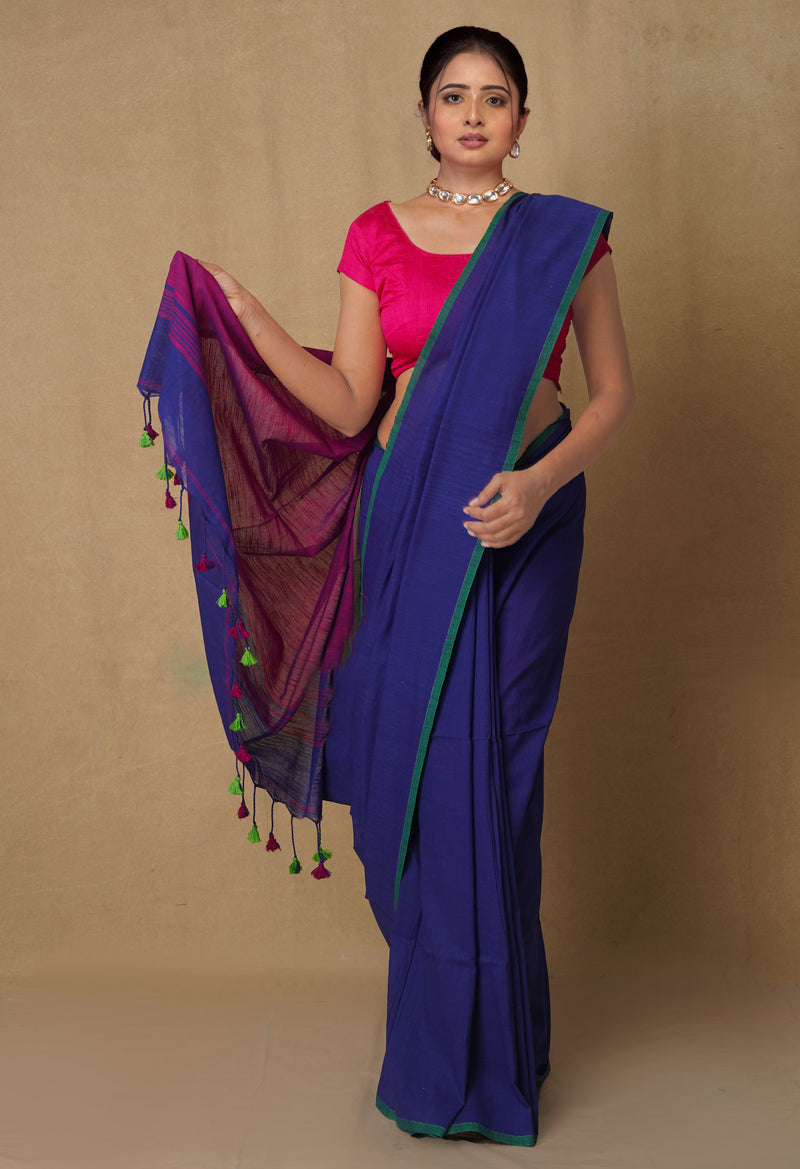 Navy Blue-Pink Pure  Cotton LinenSaree With Tassels-UNM65229