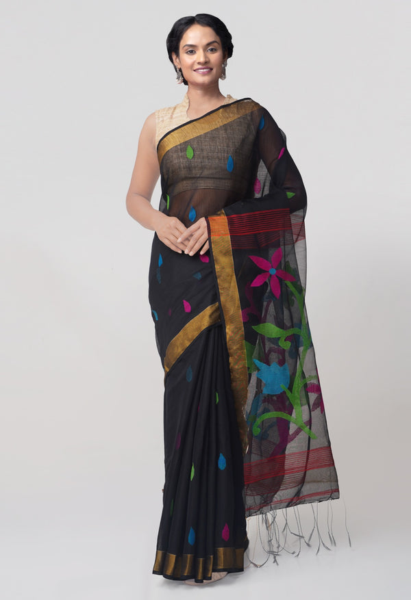 Online Shopping for Black Pure Handloom Maheshwari Sico Saree with Tassels with Batik Prints from Rajasthan at Unnatisilks.comIndia
