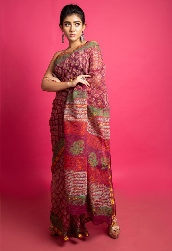 Online Shopping for Purple Pure Kota Cotton Saree with Hand Block Prints from Andhra Pradesh at Unnatisilks.com India