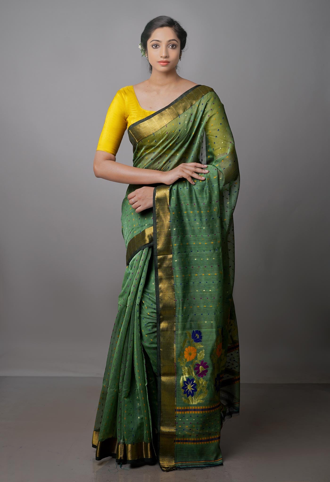 Buy Olive Green Pure Handloom Dhakai Jamdhani Cotton Silk Saree ...