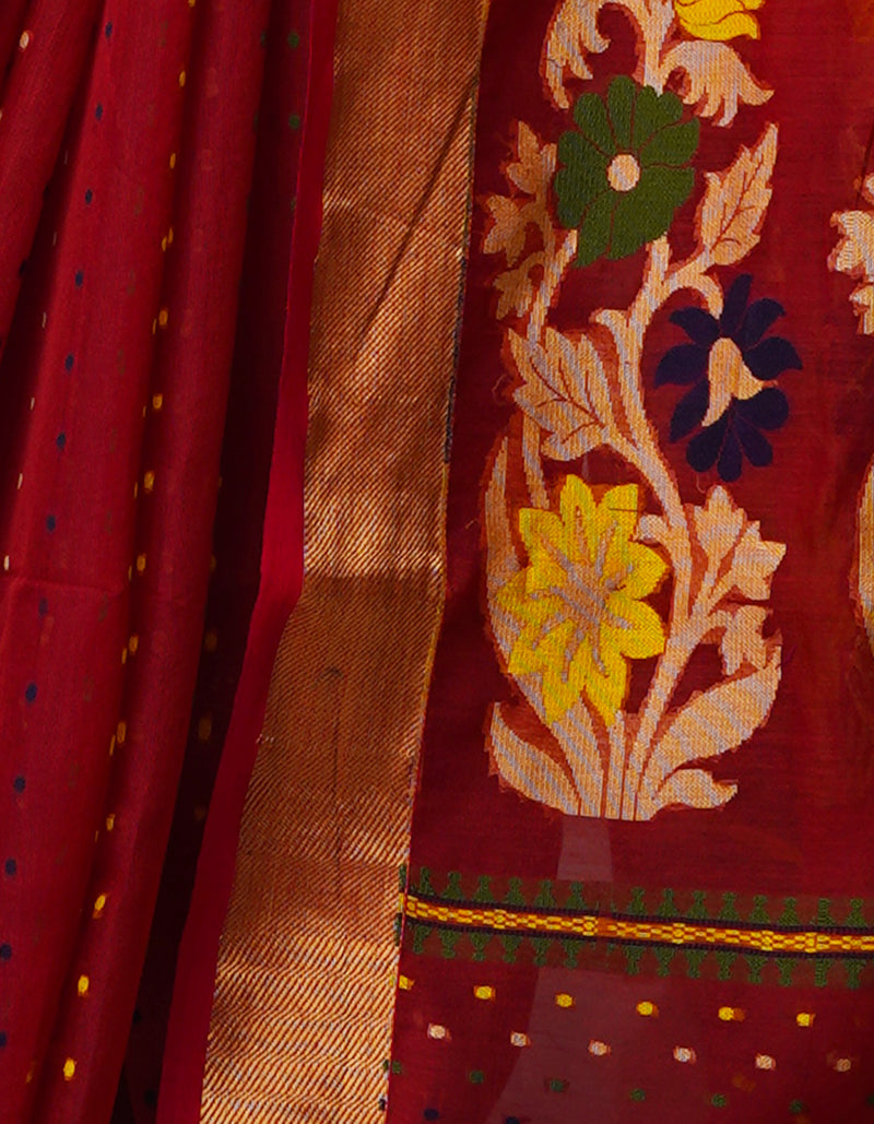 Red Pure Handloom Dhakai Jamdhani Cotton Silk Saree-UNM70274
