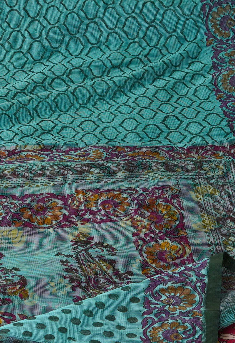 Tiffany Blue  Banarasi Block Printed Meghalaya  Cotton Silk Saree-UNM70365