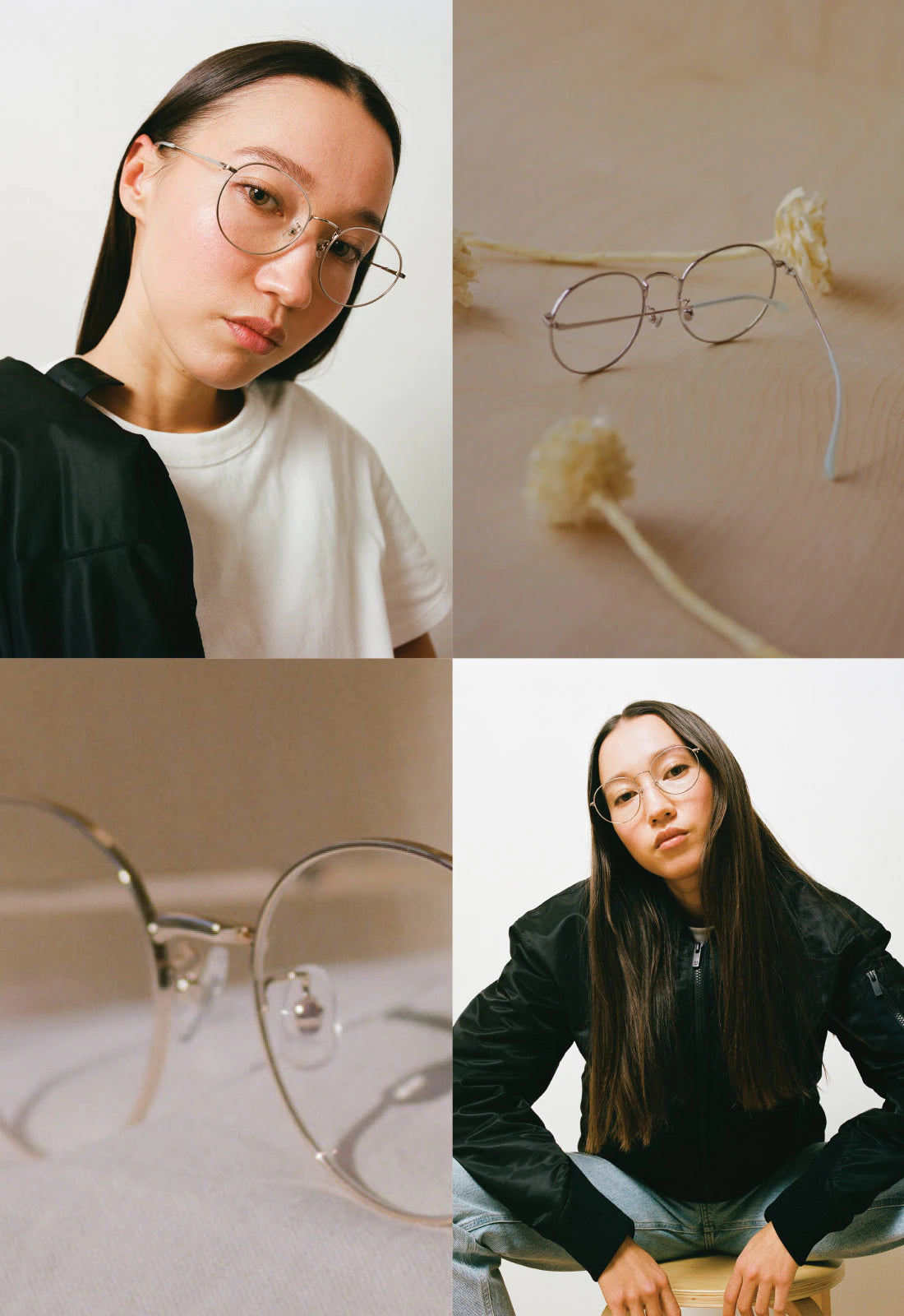 JINS frames with adjustable nose pads on a female model