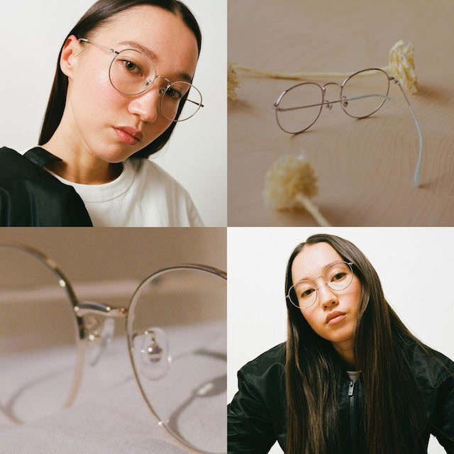 JINS frames with adjustable nose pads on a female model