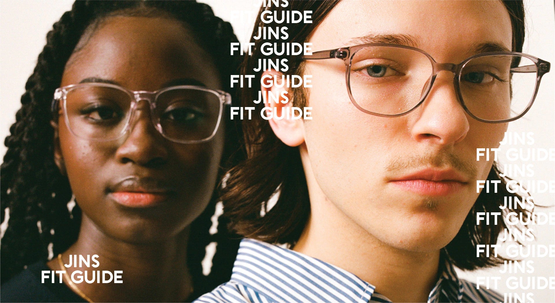 JINS Fit Guide male and female model wearing different nose bridge fit glasses