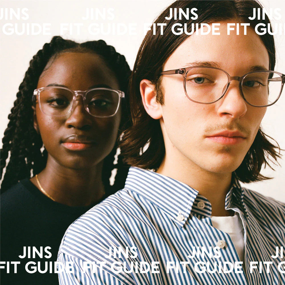 JINS Fit Guide male and female model wearing different nose bridge fit glasses