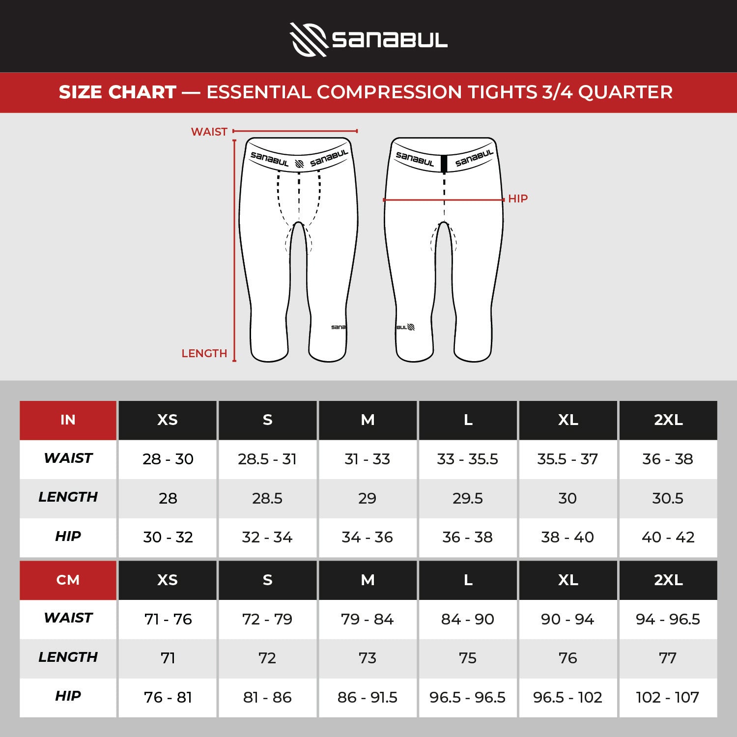 3/4 Tights Size Guide – Sanabul