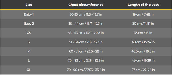 Neoprene Vest Size Guide