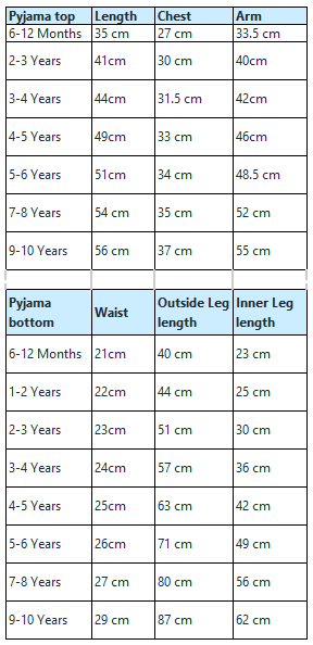 Kids Pyjama size guide