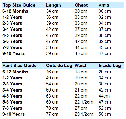 Kids Tracksuit size guide