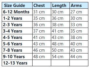 Kids Zoodie size guide