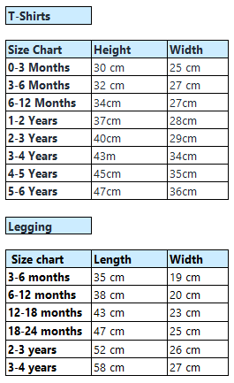 T-shirt & Legging Lounge set size guide