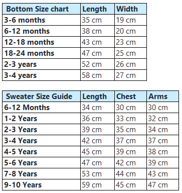 Sweater & Lounge pant size guide