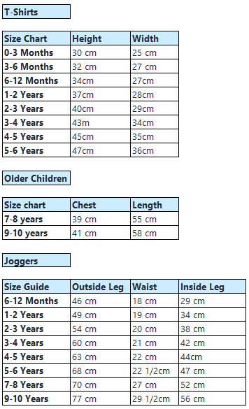 T-shirt & Jogger size guide