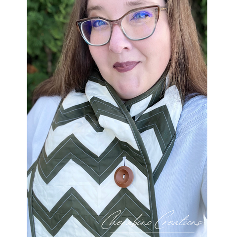 Pam wearing a green and white chevron Shelva Scarf