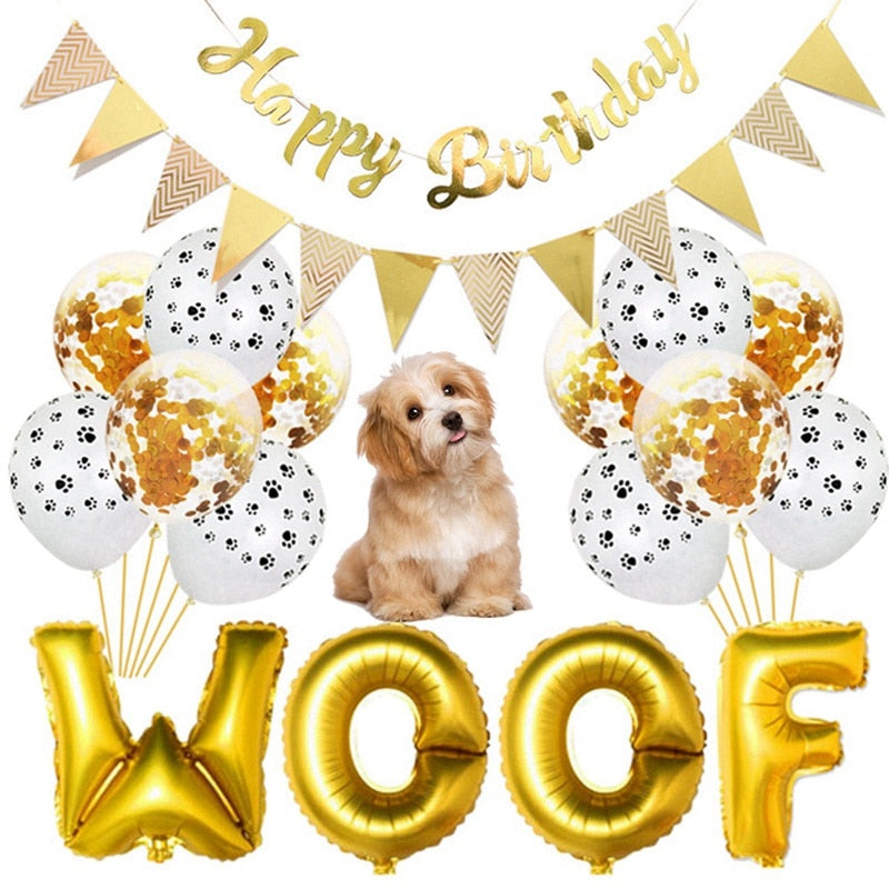 Pet Dog Happy Birthday Banner Flag WOOF Letters Balloon Pet Dog Paw Pr ...