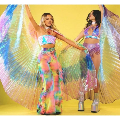 Two rave girls wearing rave butterfly wings.