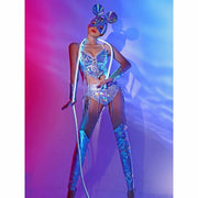 A moman wearing holographic two piece set  with holographic mouse mask for raves.