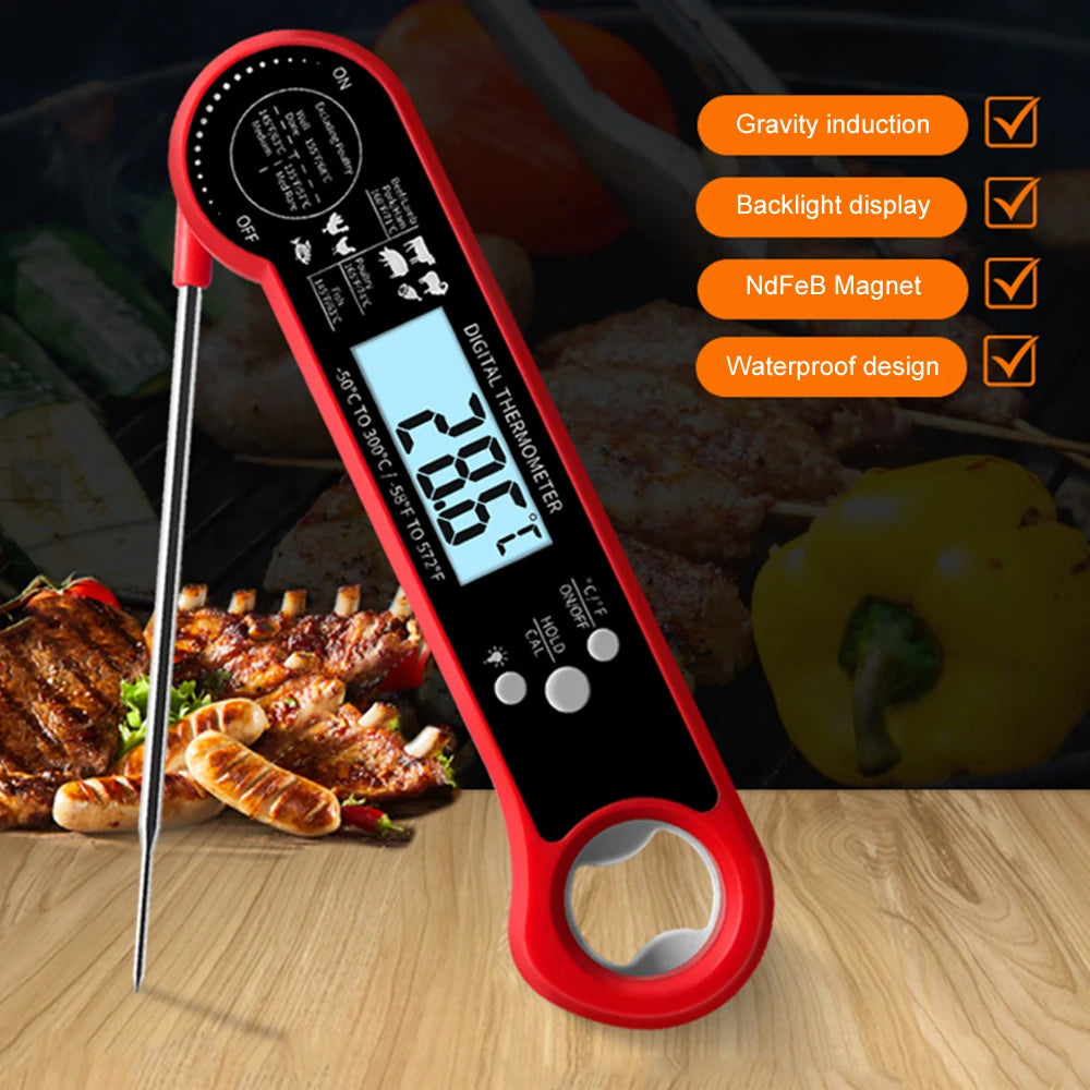 Backlight Meat Thermometer with Gravity Sensor Temperature Meter Gauge with Bottle Opener Folding Temperature Meter for Food
