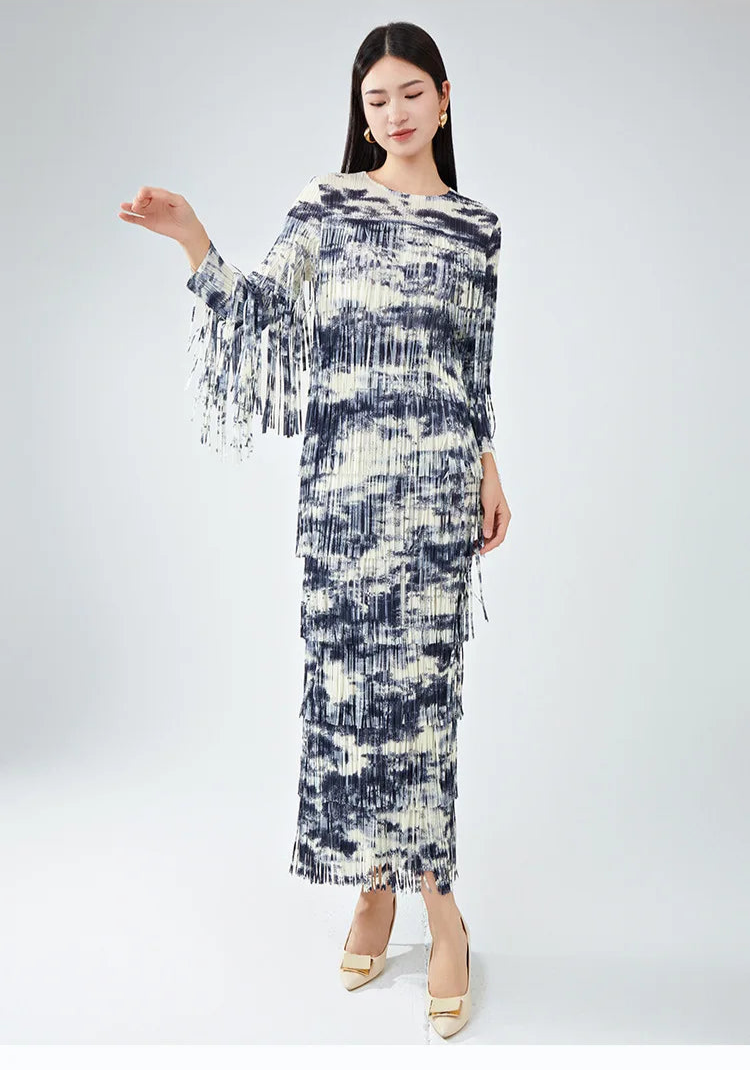 Truly Pleated Tasseled Sleeve Midi Dress