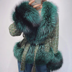 Women's Premium Tweed Coat with Fox Fur Trim - HEYFANCYSTYLE