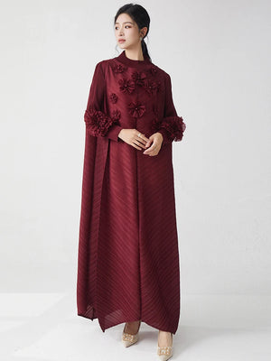 Luxe Plissé Pleated Floral Long Sleeve Dress - HEYFANCYSTYLE