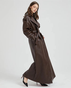 Women's Ultra Long Vegan Leather Trench Coat - HEYFANCYSTYLE