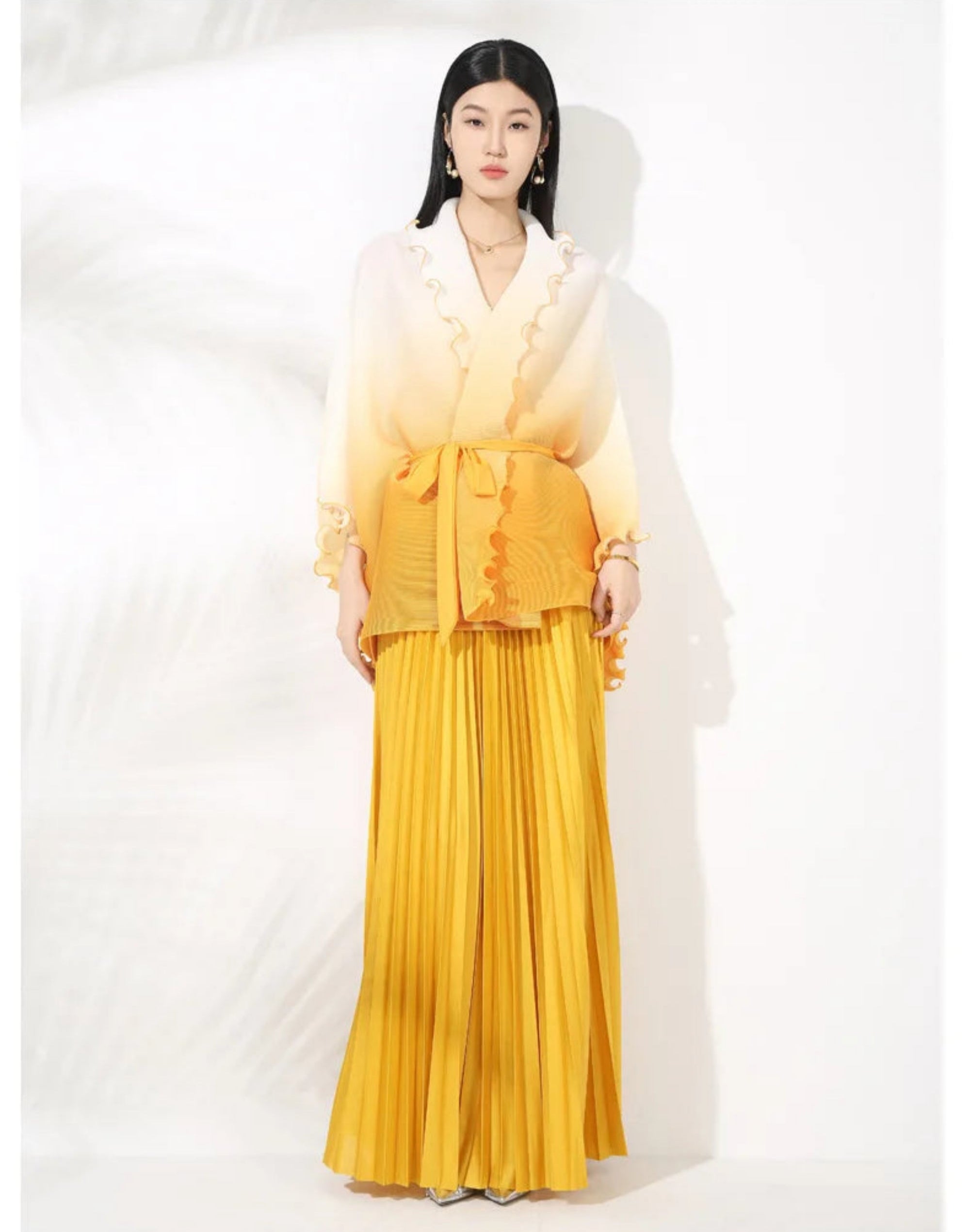 Kimono Sleeve Pleated Top & Plisse Midi Skirt