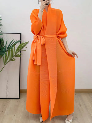 Couture Plissé Pleated Belted Robe Coat - HEYFANCYSTYLE