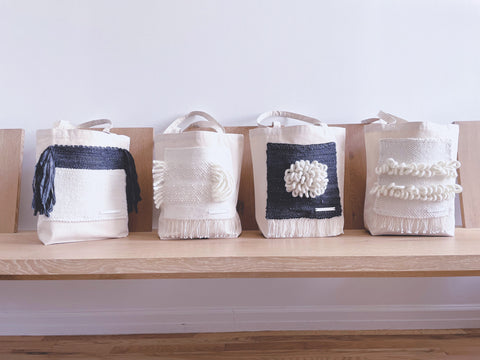 fiber art x tot bag handwoven by Anne Blumrich, modern weaving, cute handmade tote bags, weaver and creator in New York City