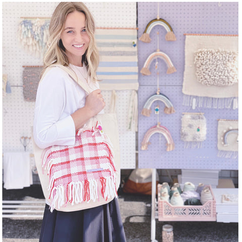 salt & caramel at Grand Bazaar NYC pop up, shop local fiber art and woven wall hangings, cute handmade tote bags, handwoven art by Anne Blumrich, a weaver and creator in NYC