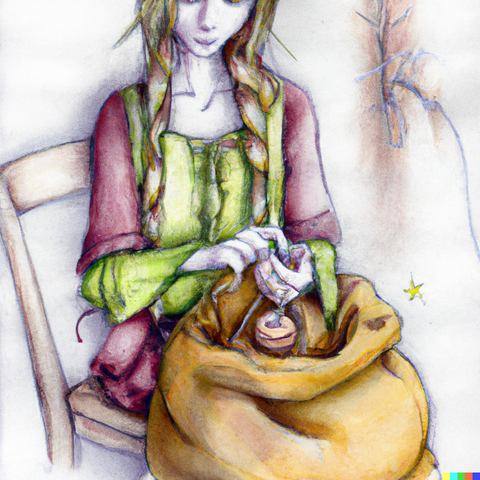 Fae the elf sewing a bag