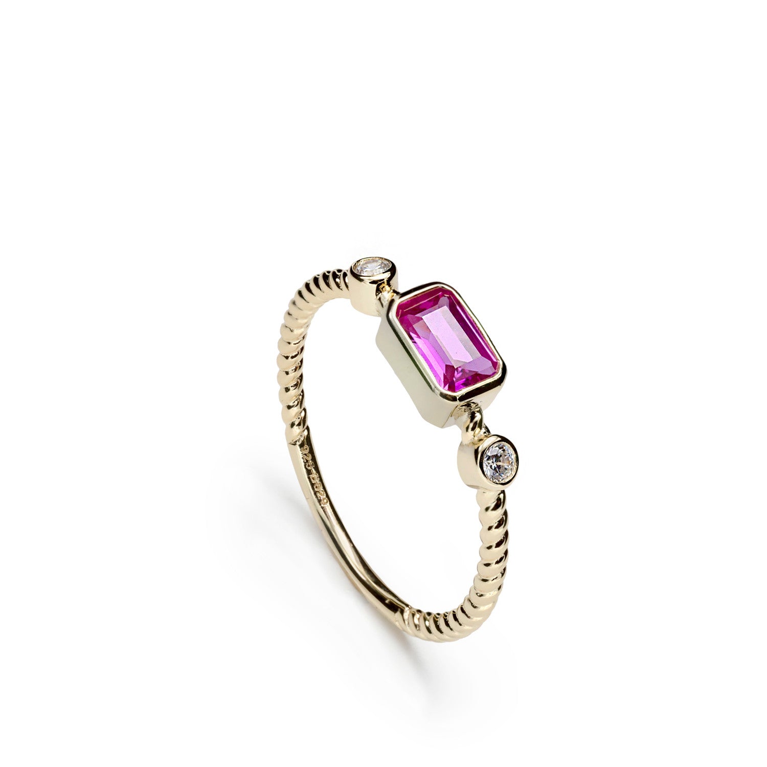 Thin silver rings with fuchsia gemstone and zirconia design