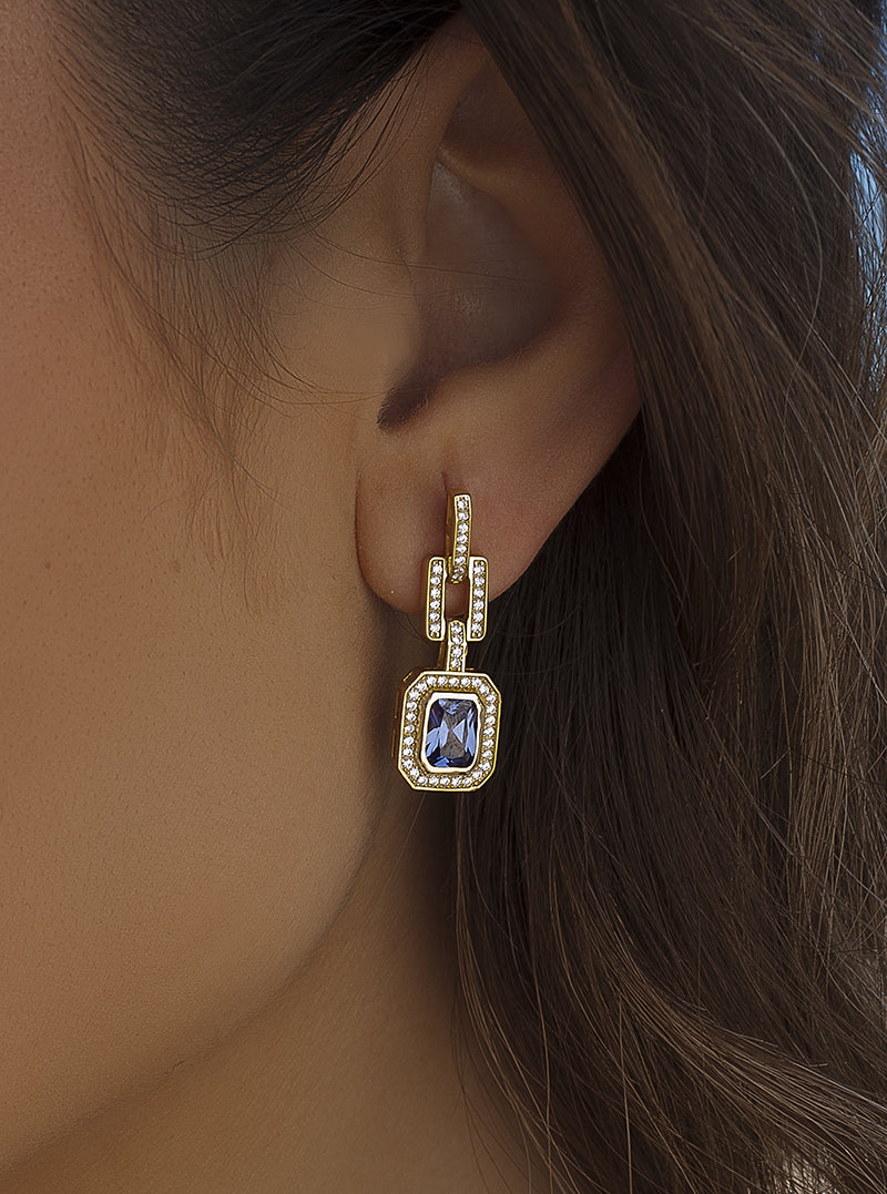 Earrings with colored stones octagonal design in azurite tone