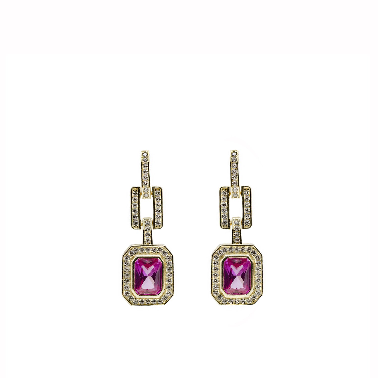 Earrings with colored stones octagonal design in fuchsia tone