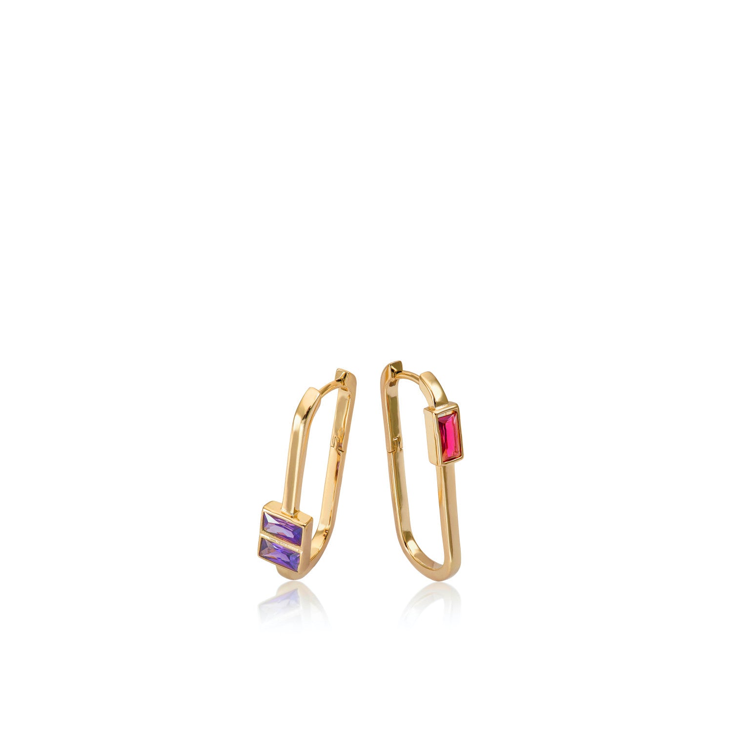 Rectangular design hoop earrings with lavender and fuchsia gems