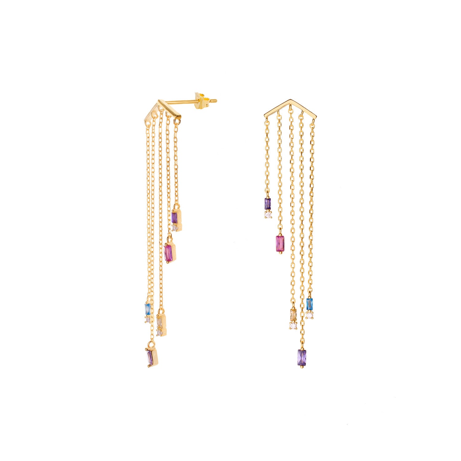 Long earrings design five chains with pink tone gems